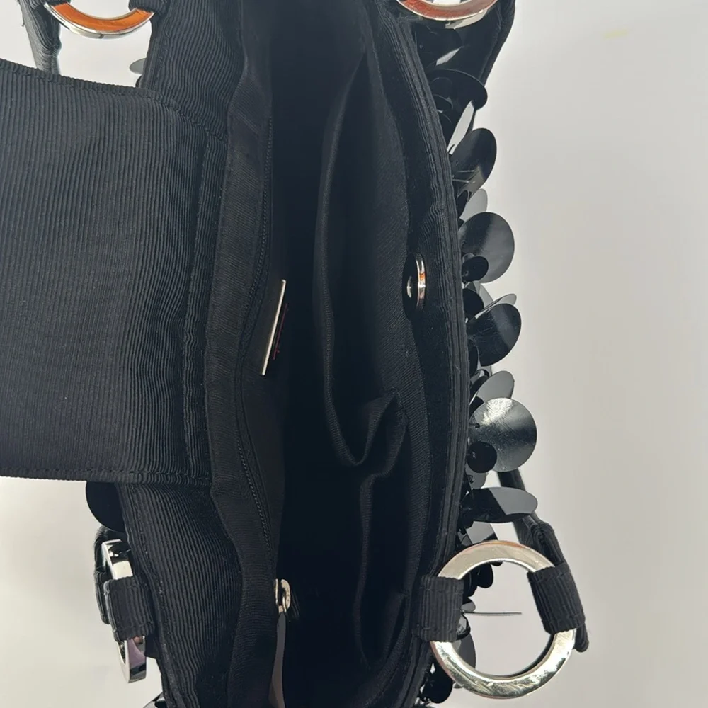 TALBOTS BLACK GROSGRAIN SATIN & BIG DANGLE‎ SEQUINS, BEADED BAG, HANDBAG